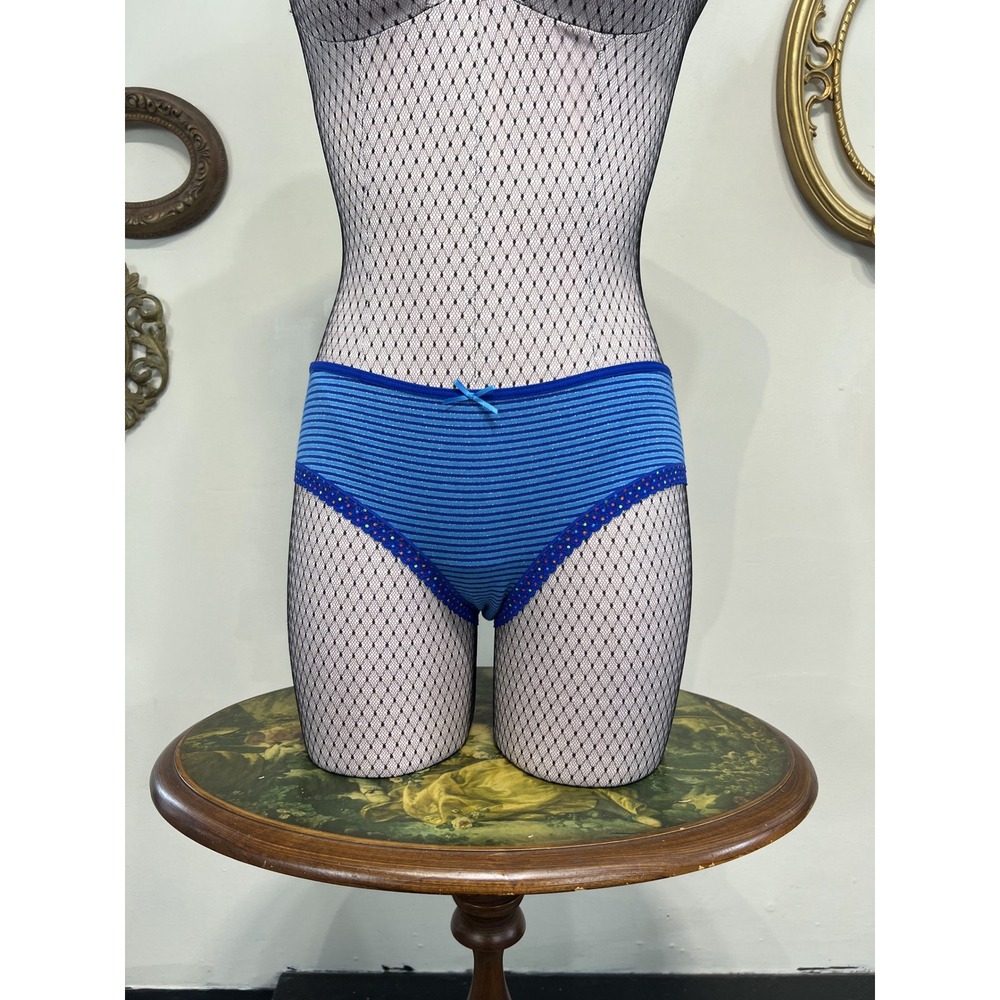 Vintage Y2K Victoria's Secret Pout Blue Glitter Striped Bikini Panties NWT L